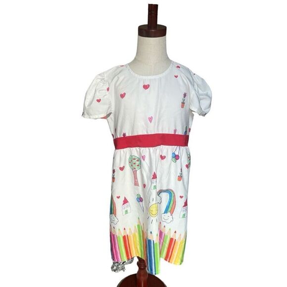 Youth Girls School Days Colored Pencil Pattern Cool Short Sleeve Dress - Sz 8 - Picture 1 of 2